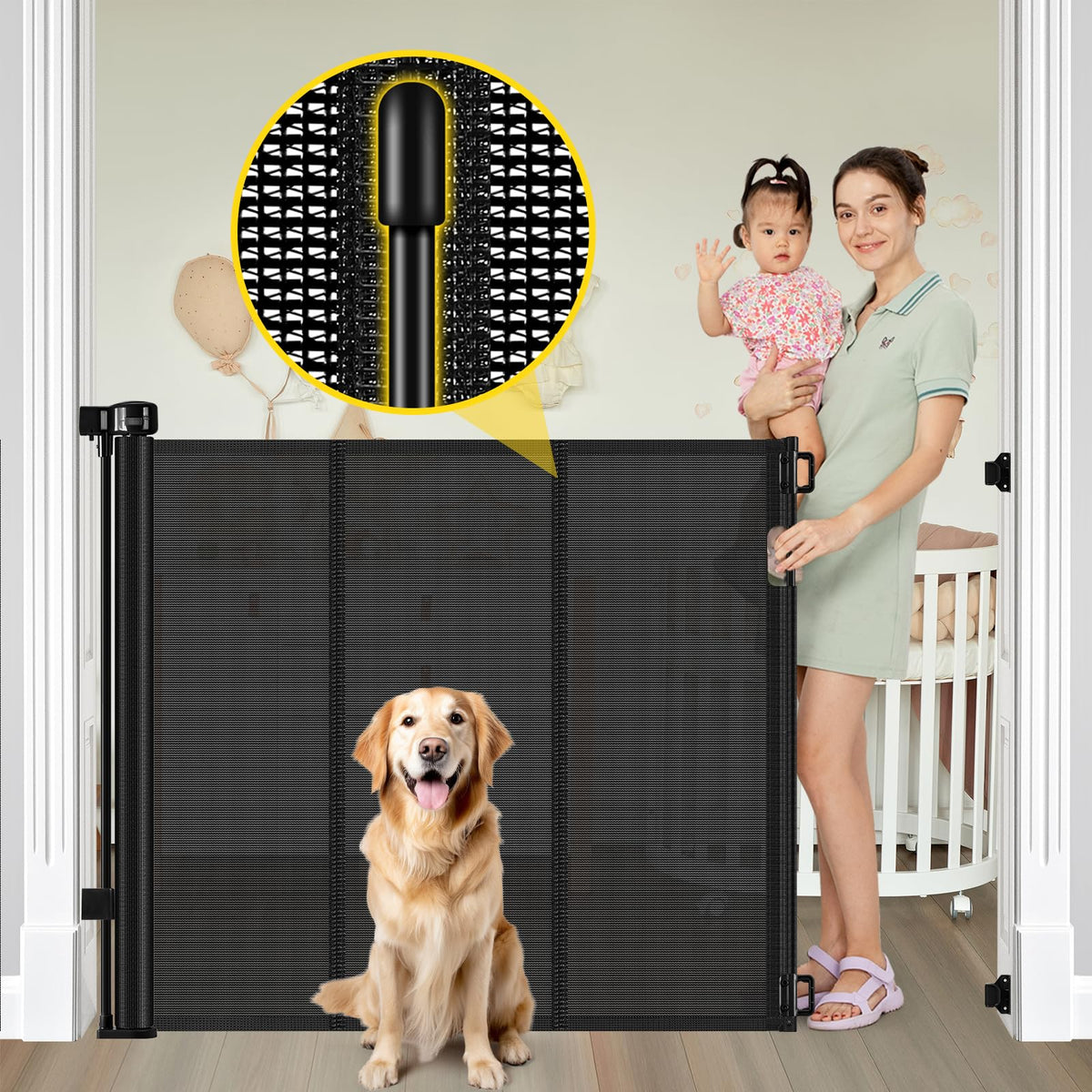 Bingguz reinforced 42-inch mesh gate showing solid reinforcement for safer doorways