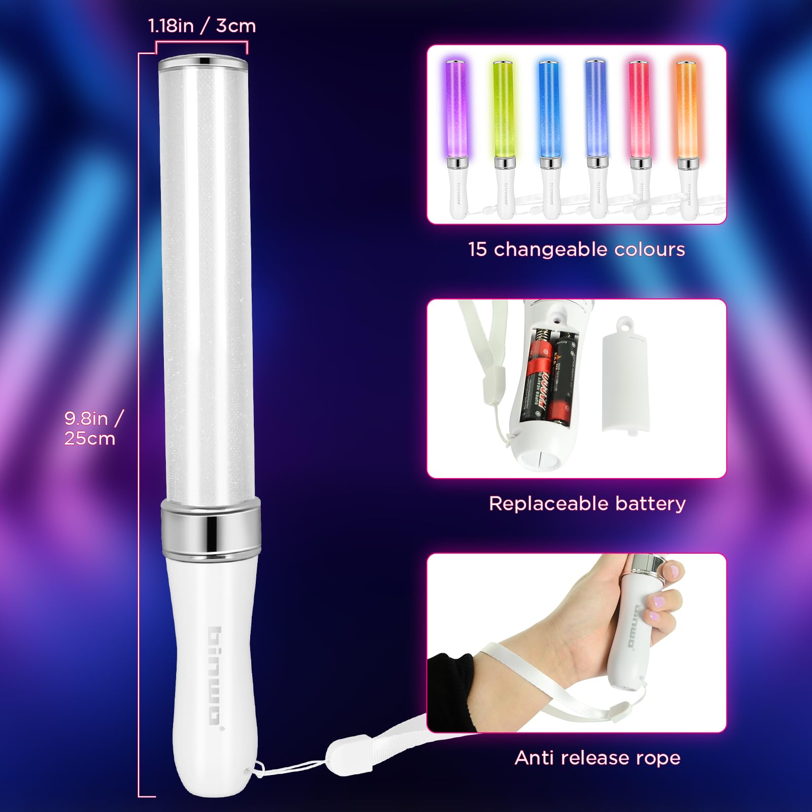 BINWO glow sticks with detachable lanyard for secure handling.
