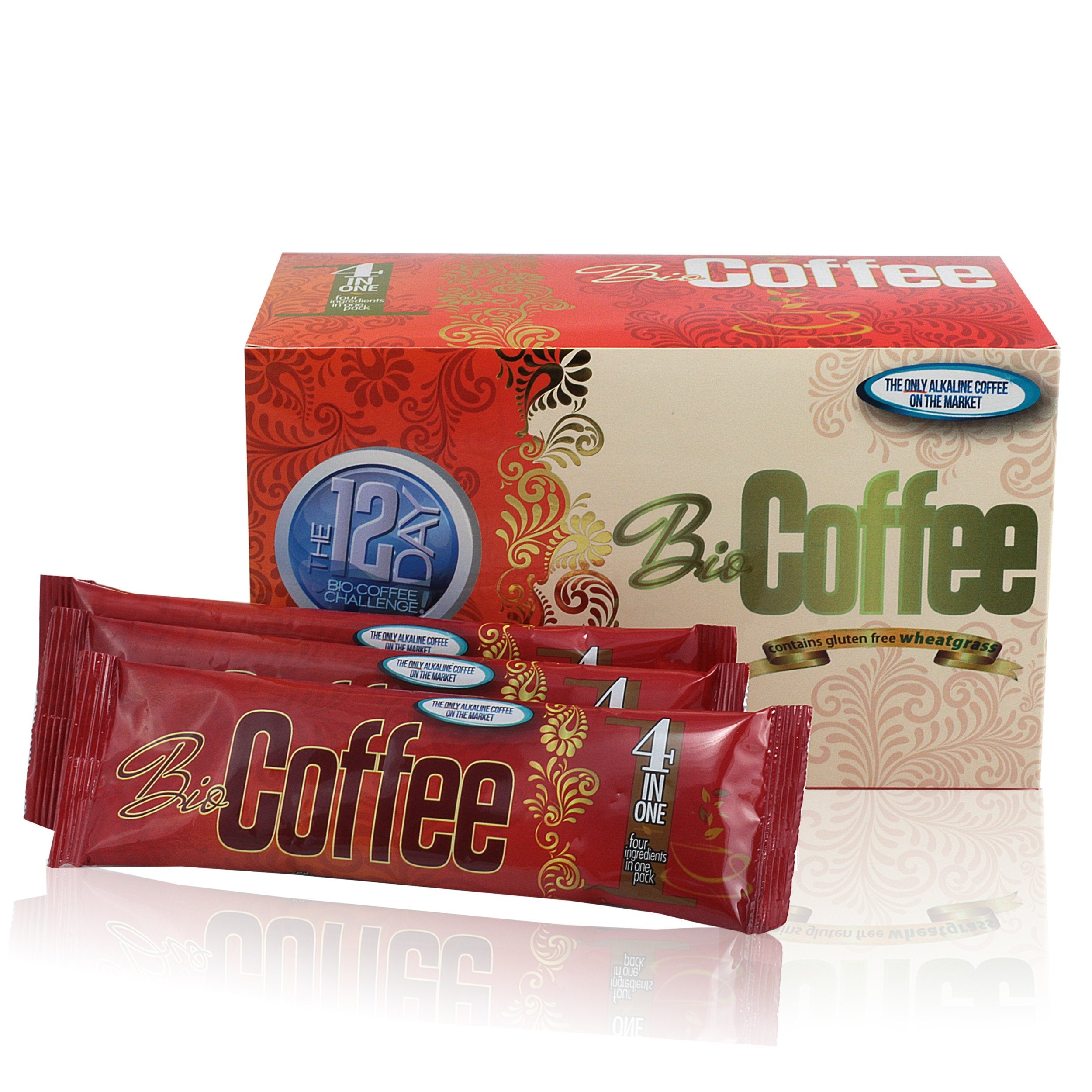 Bio Coffee front packaging showcasing non-dairy alkaline coffee.