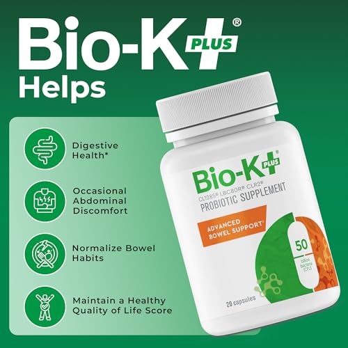 Closeup of Bio-K Plus capsules highlighting 50 billion CFU for potential digestive support.