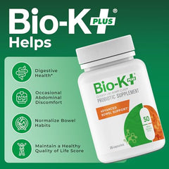 Closeup of Bio-K Plus capsules highlighting 50 billion CFU for potential digestive support.
