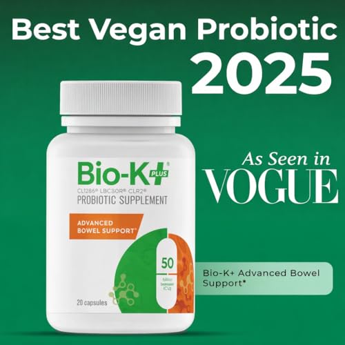Illustration of Bio-K Plus strains CL1285, LBC80R, and CLR2 for balanced gut microbiome.