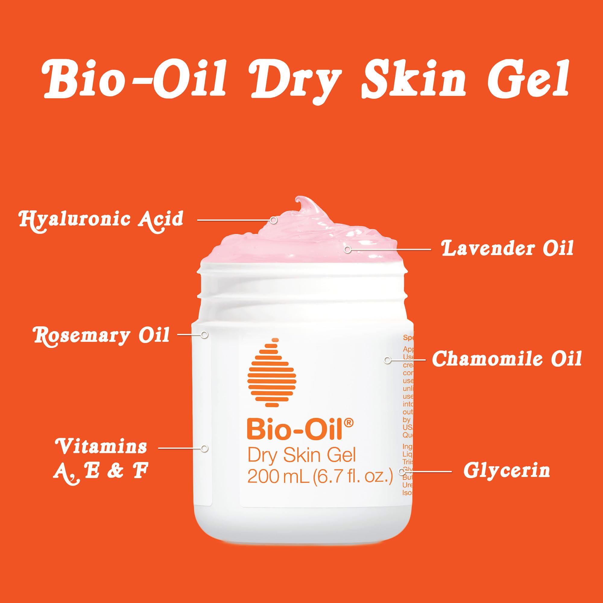 Bio-Oil Dry Skin Gel highlights Vitamin B3 for skin support.