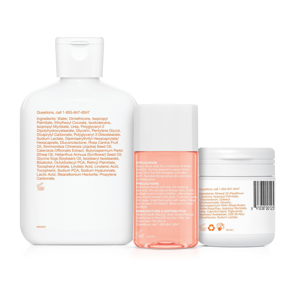 Display of Bio-Oil trio on bathroom shelf.
