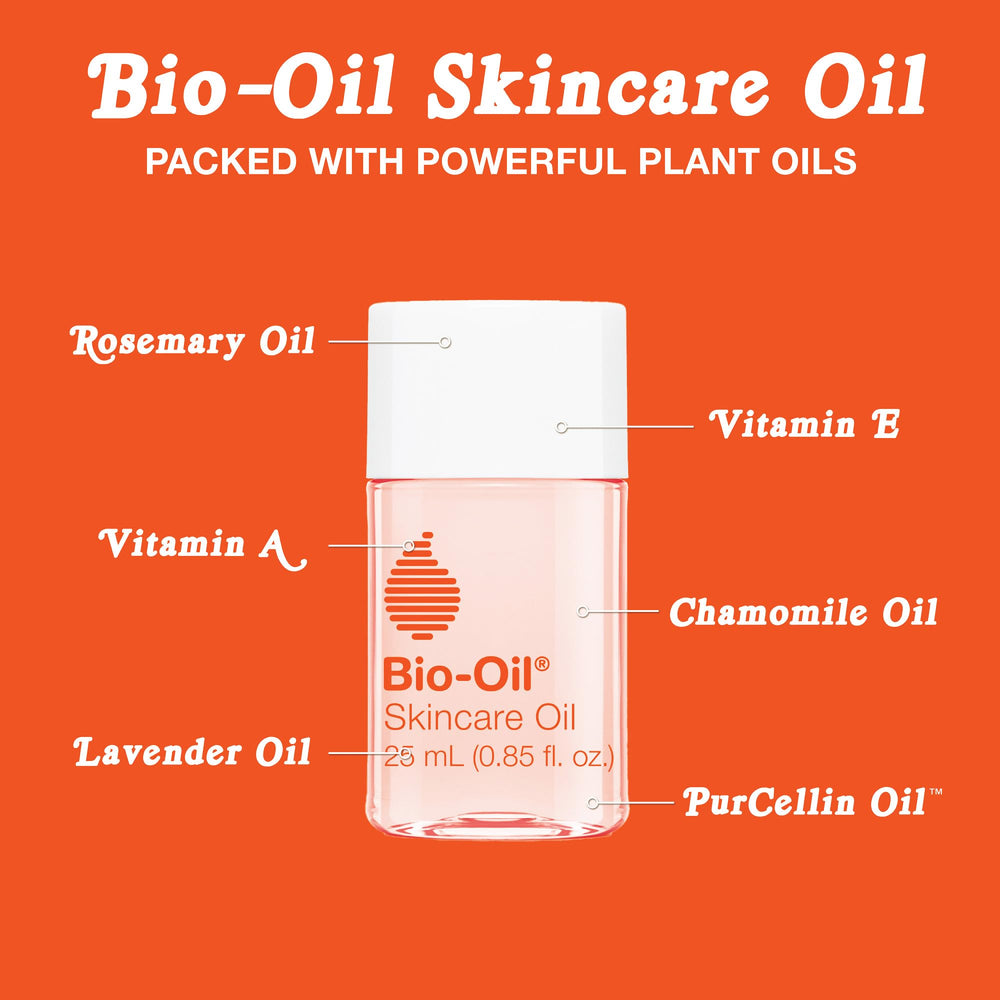 Bio-Oil vitamin E and A natural oils highlight ingredients.