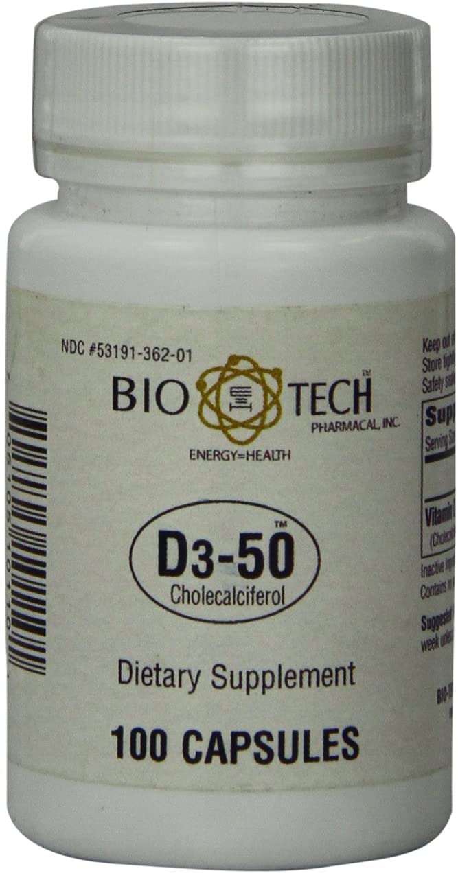Bio-Tech Pharmacal D3-50 bottle with 100 capsules for weekly vitamin D support.