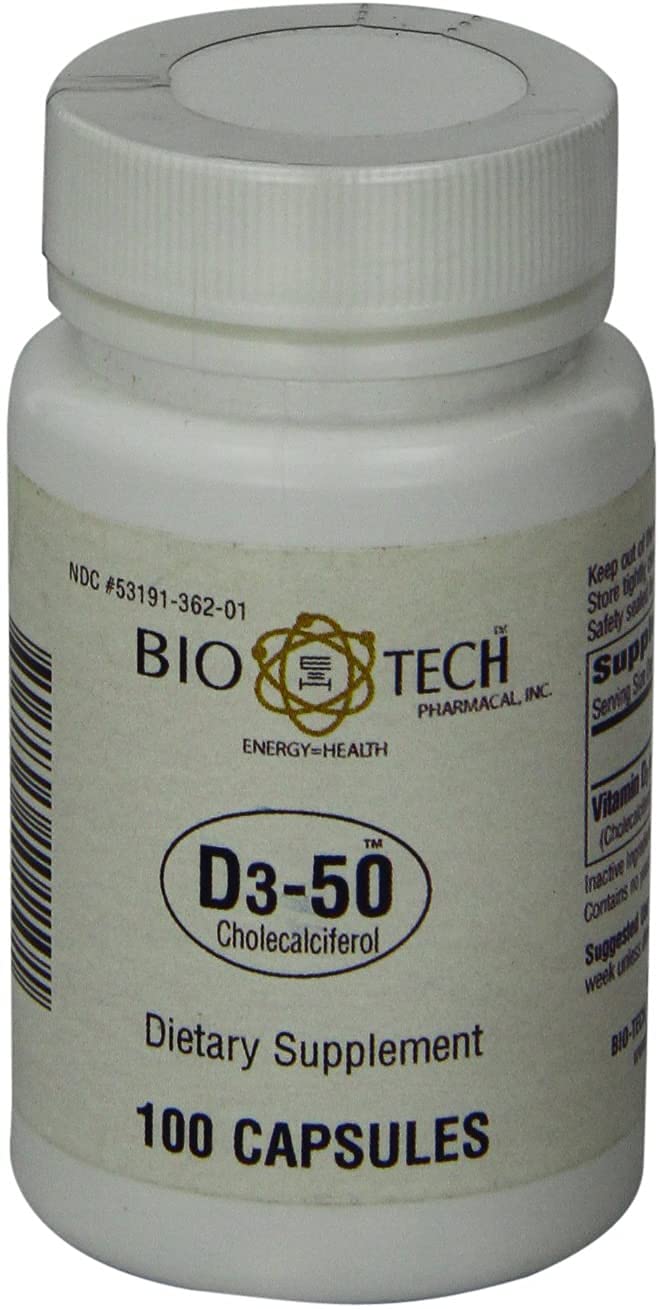Bio-Tech Pharmacal D3-50 capsule close-up reveals smooth exterior.
