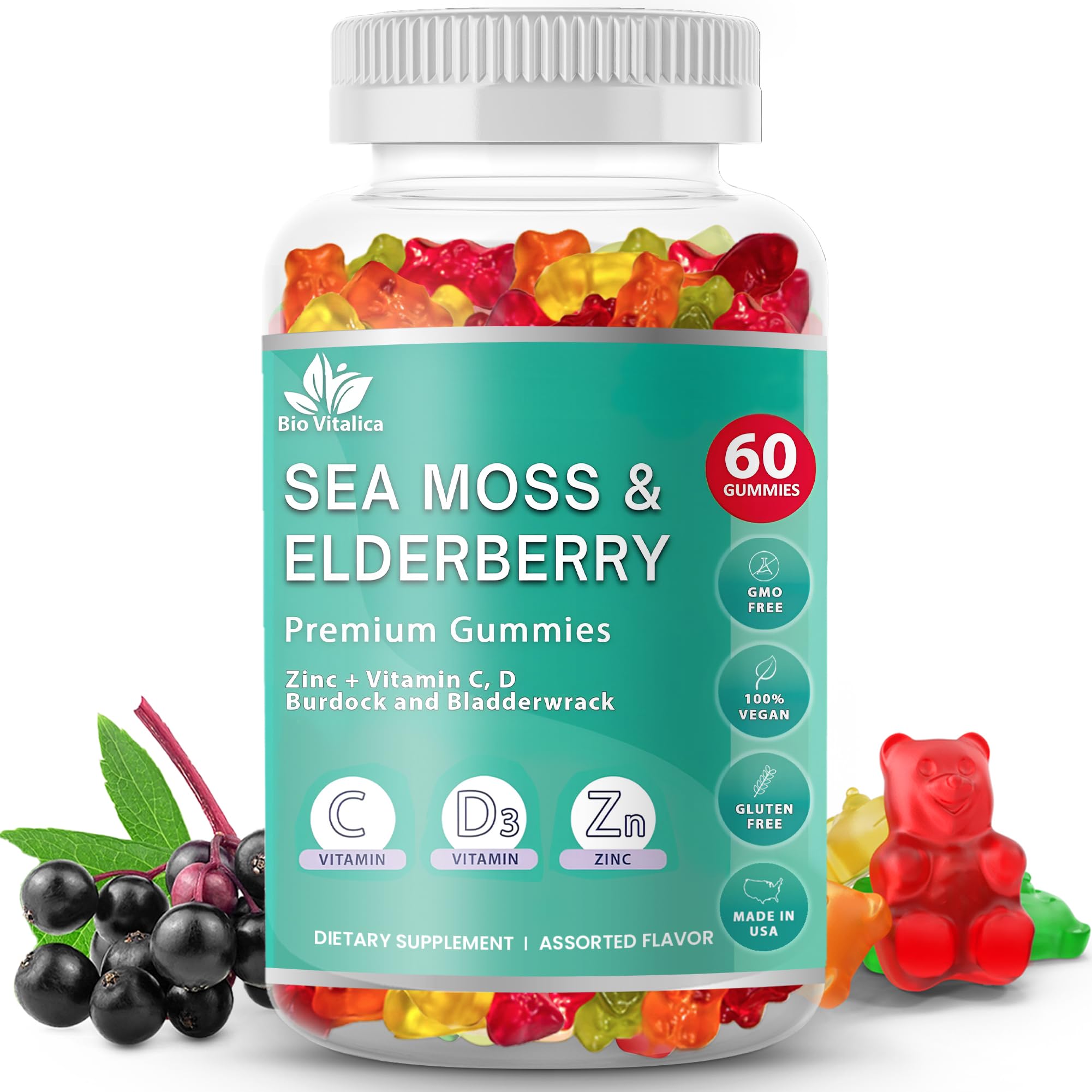BIO VITALICA Sea Moss Gummies Elderberry bottle showing vibrant gummies for immune support