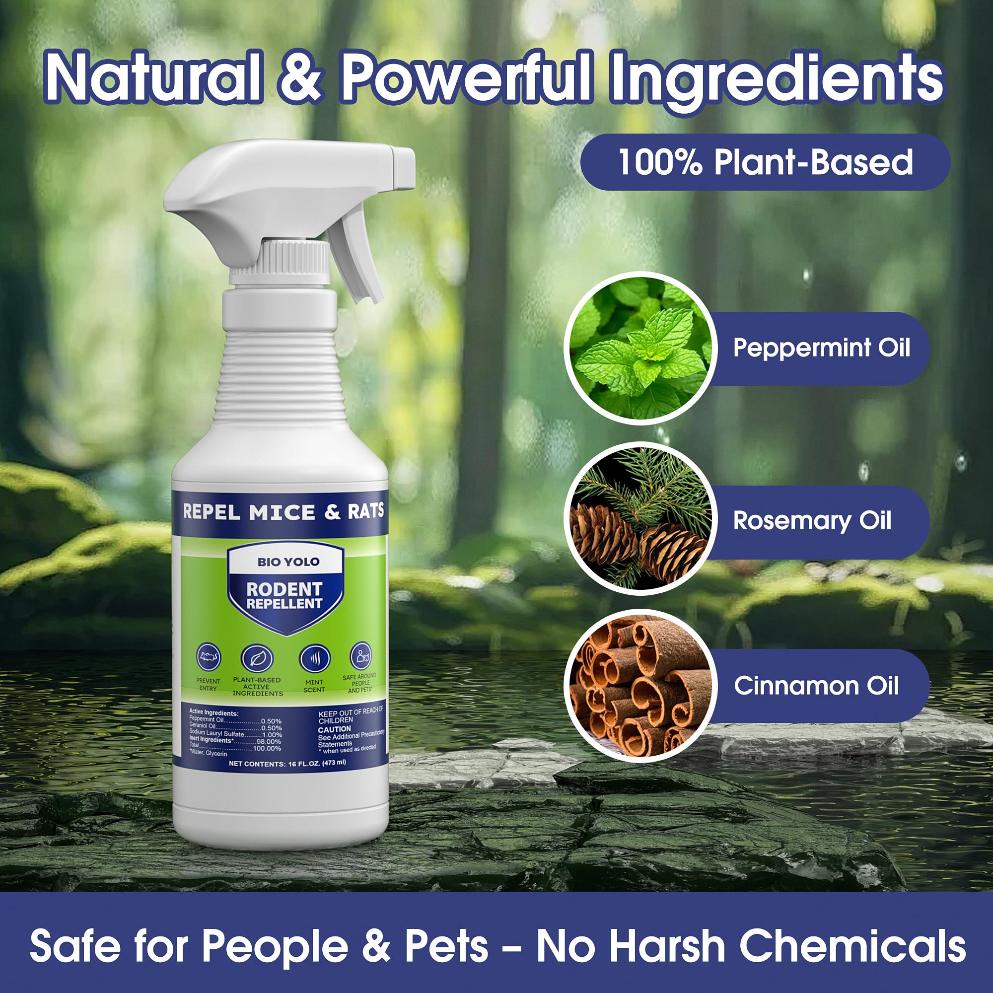 BIO YOLO Rodent Repellent Spray bottle highlighting pet-safe formula.