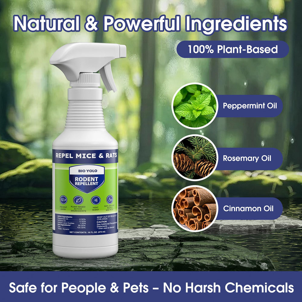 BIO YOLO Rodent Repellent Spray bottle highlighting pet-safe formula.