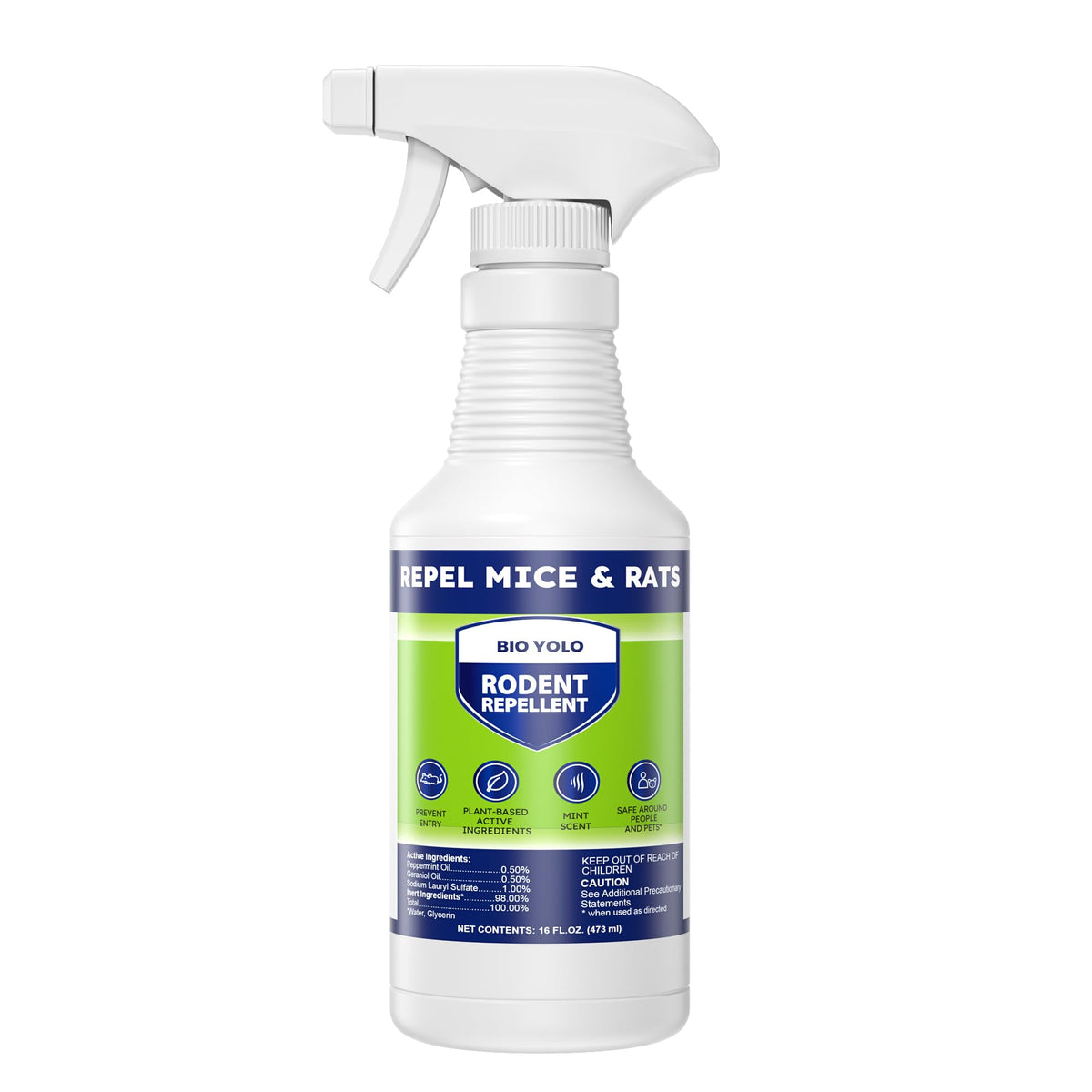 BIO YOLO Rodent Repellent Spray bottle ready for indoor and outdoor protection.