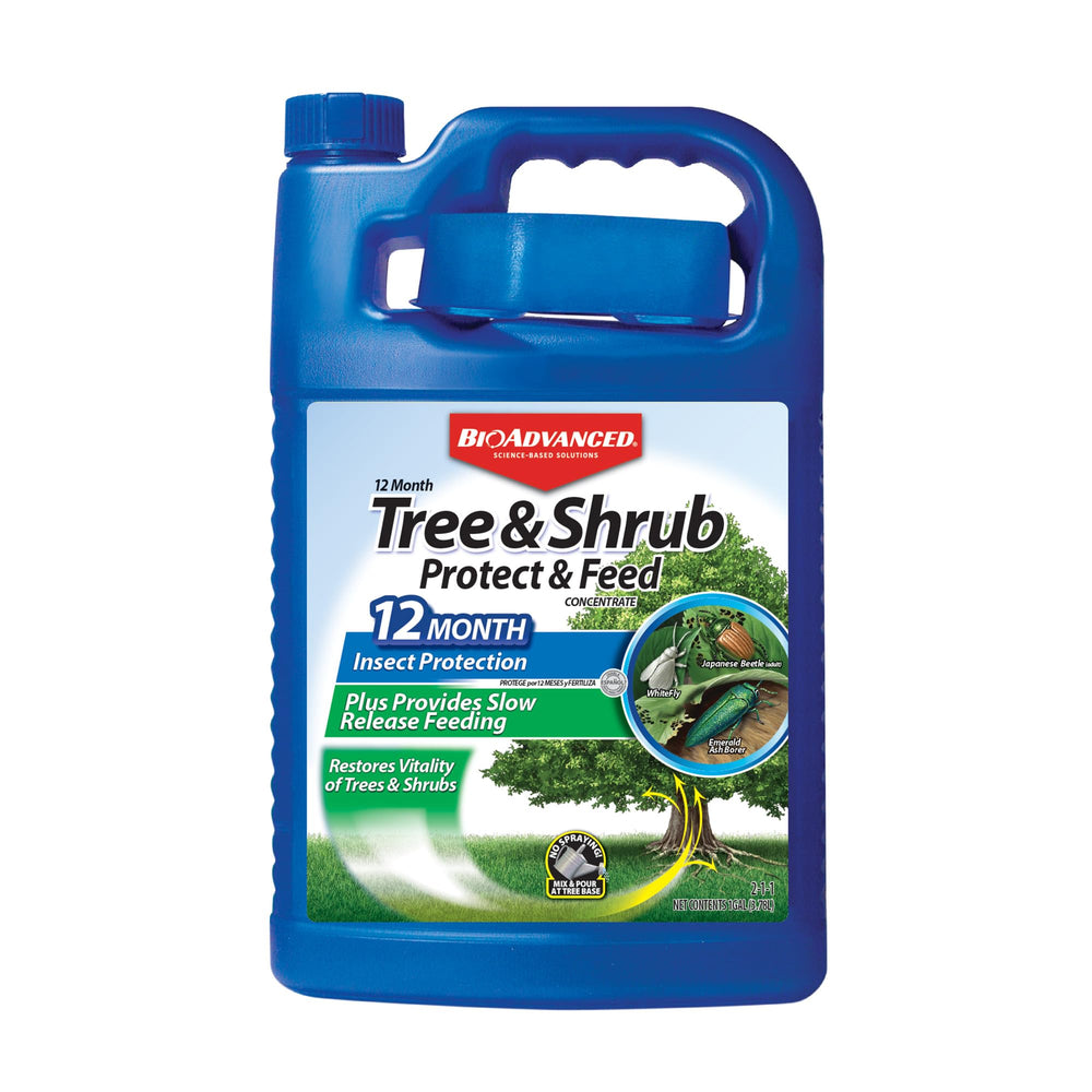 BioAdvanced 12 Month Tree and Shrub Protect and Feed bottle provides year-long protection and nourishment.