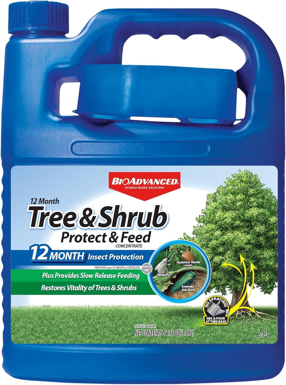 BioAdvanced 12-Month Protect & Feed bottle for year-long tree and shrub protection.