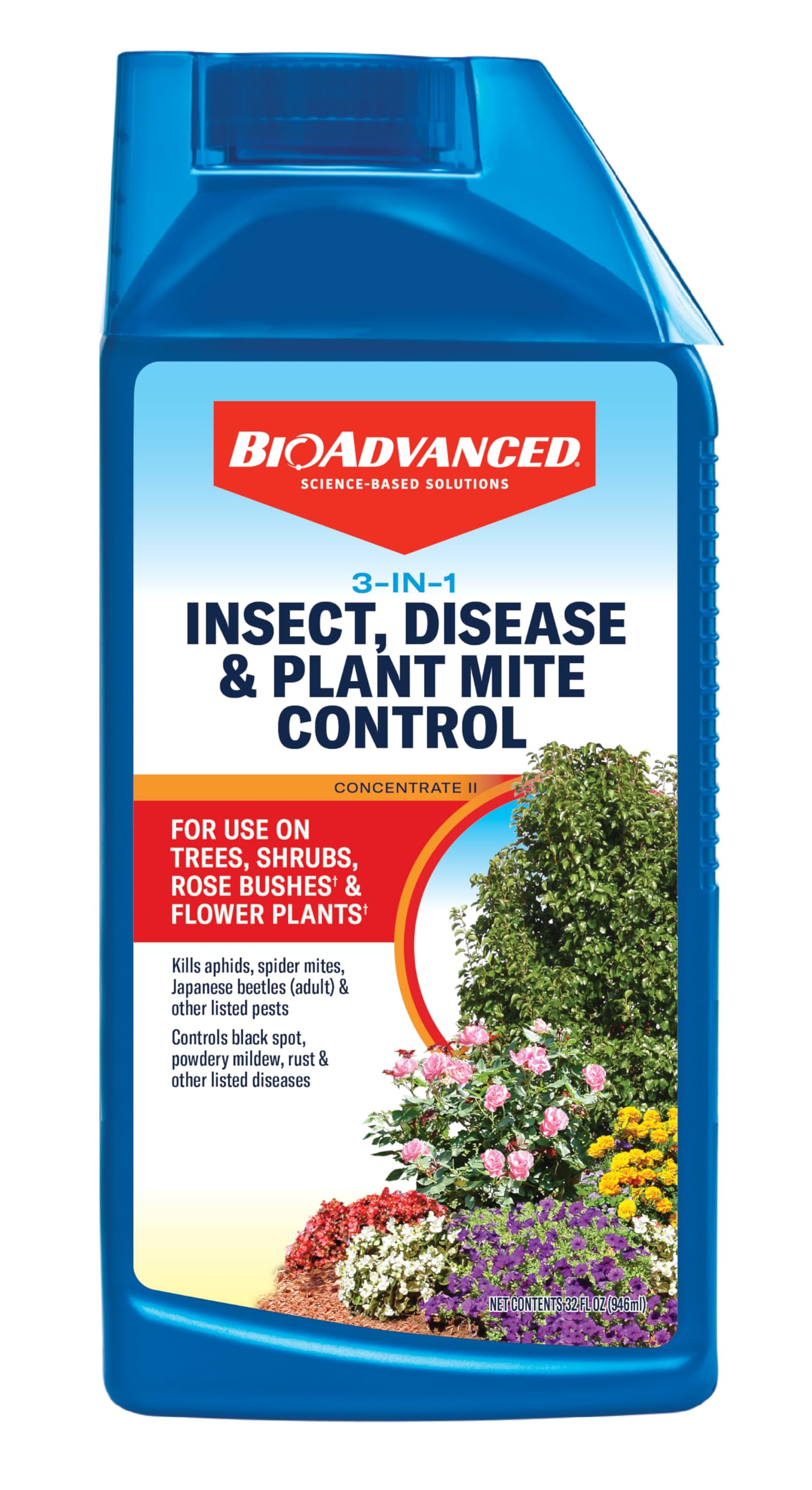 BioAdvanced 3-in-1 bottle being poured to protect outdoor plants.