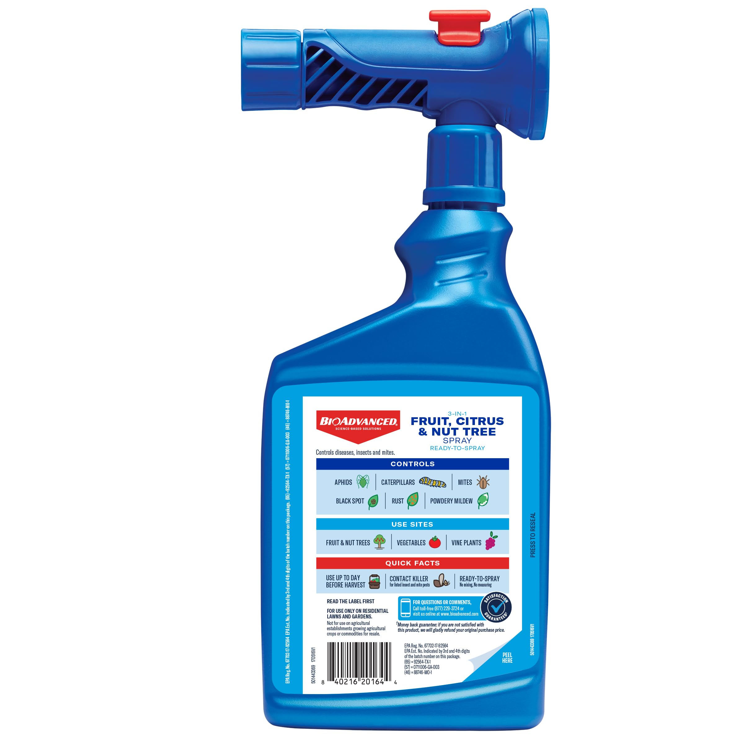 BioAdvanced 3-in-1 spray ready to harvest reminder on label for pre-harvest use.