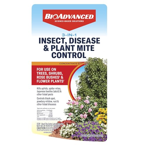 BioAdvanced 3-in-1 spray on leaves protects flowering plants.