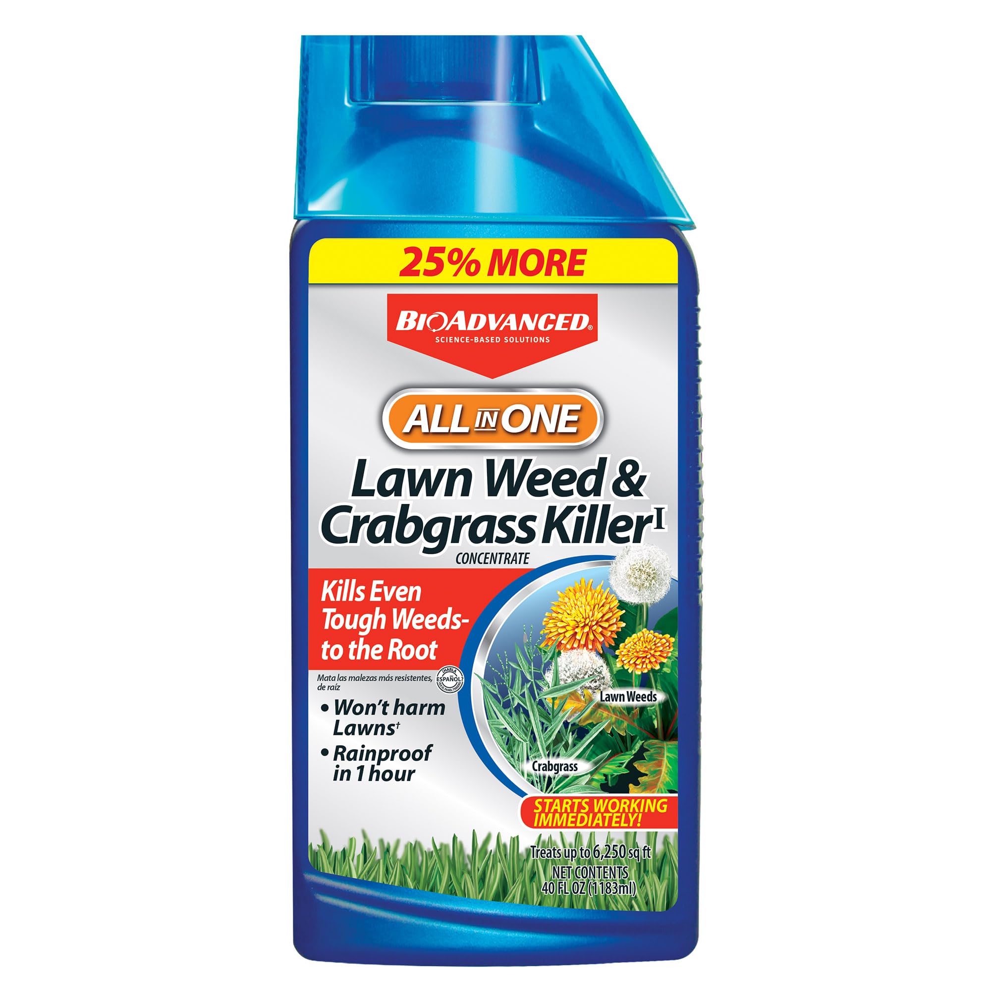 BioAdvanced All-In-One bottle pour enables easy targeted lawn weed treatment.