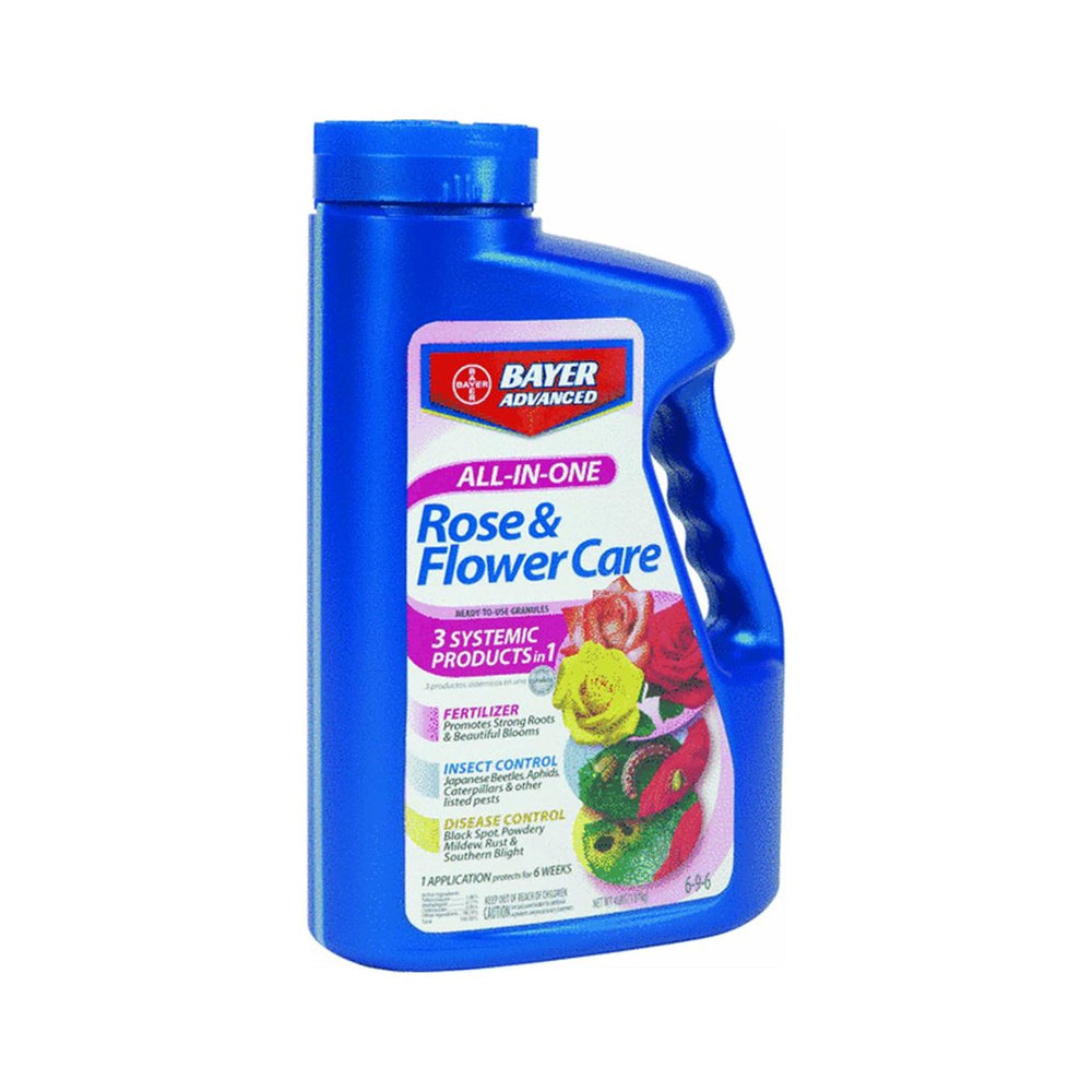 BioAdvanced All-In-One Rose & Flower Care granules package shot for long-lasting bloom protection.