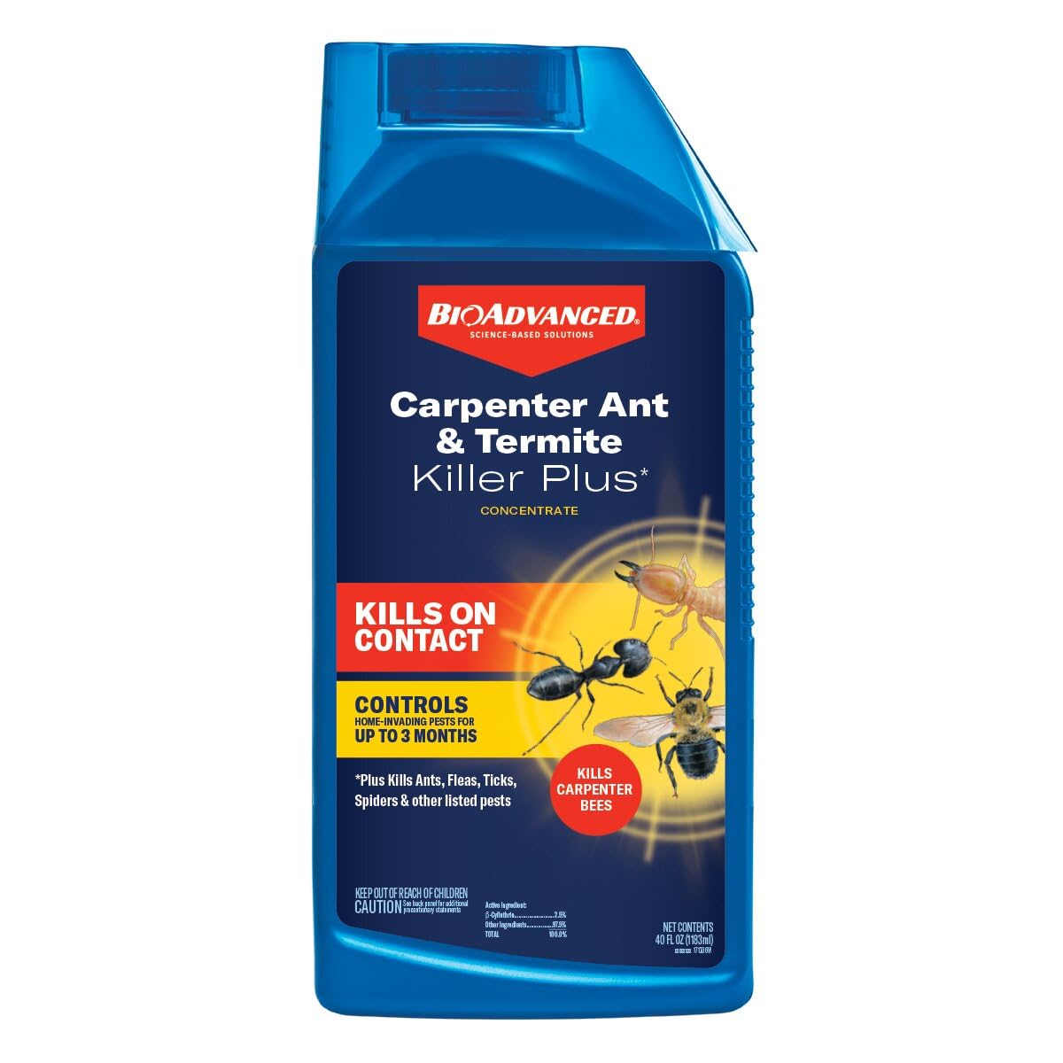 BioAdvanced Carpenter Ant and Termite Killer Plus concentrate bottle ready to spray on outdoor wood