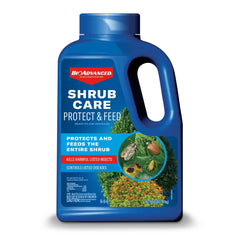 BioAdvanced Shrub Care granules bag ready for outdoor use, protecting shrubs from pests.