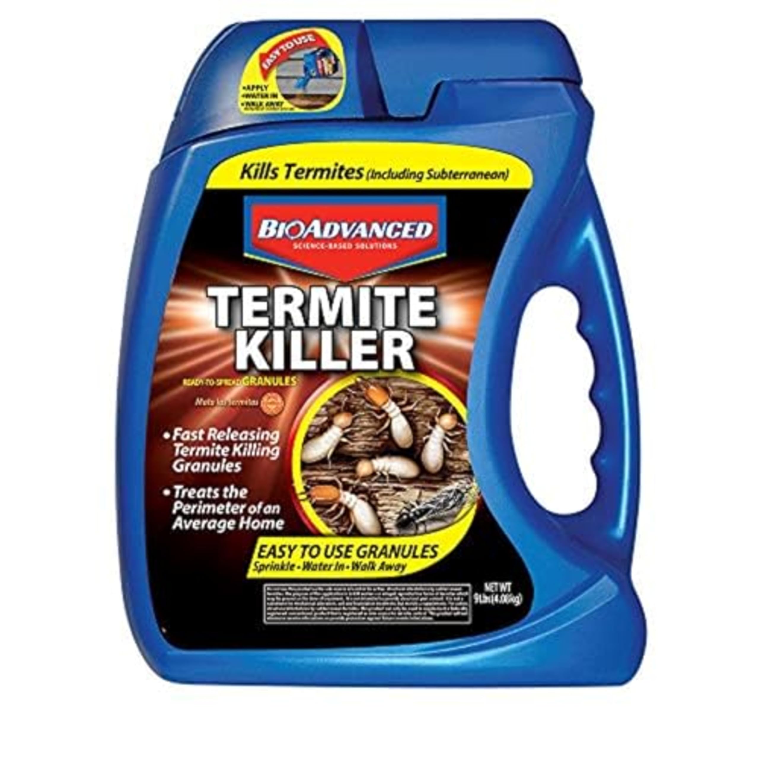 BioAdvanced termite killer granules in a 9 lb bag ready for outdoor perimeter treatment.