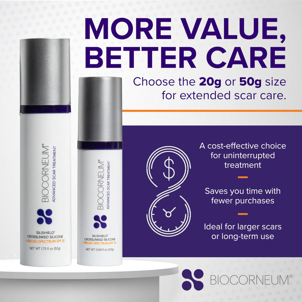 BIOCORNEUM scar gel texture closeup showing fast-drying, non-greasy finish.