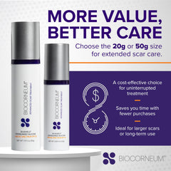 BIOCORNEUM scar gel texture closeup showing fast-drying, non-greasy finish.
