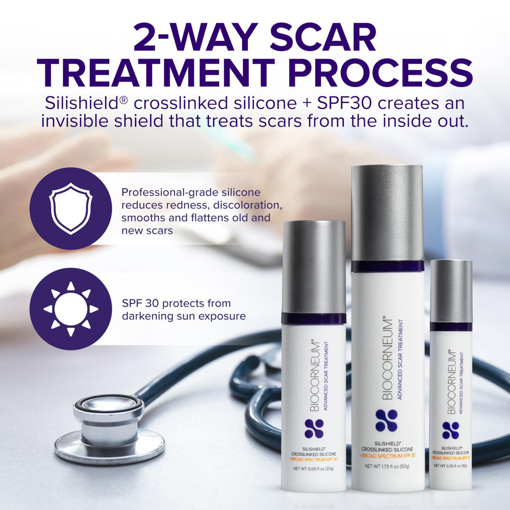 BIOCORNEUM SPF 30 label on tube highlighting sun protection for scar recovery.