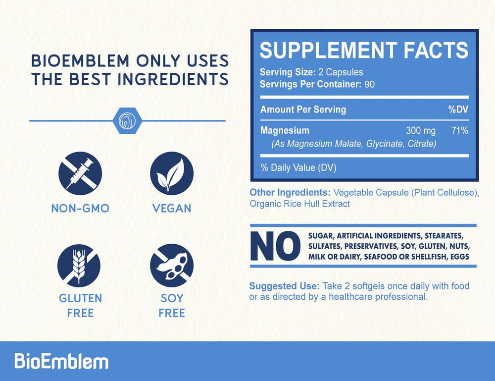 BioEmblem Triple Magnesium capsules close-up, highlighting a high absorption formula for steady energy