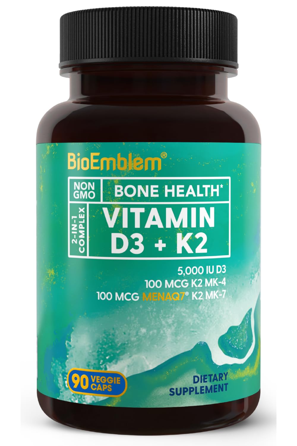 BioEmblem Vitamin D3 K2 bottle front shows 90 vegetarian capsules for daily wellness.