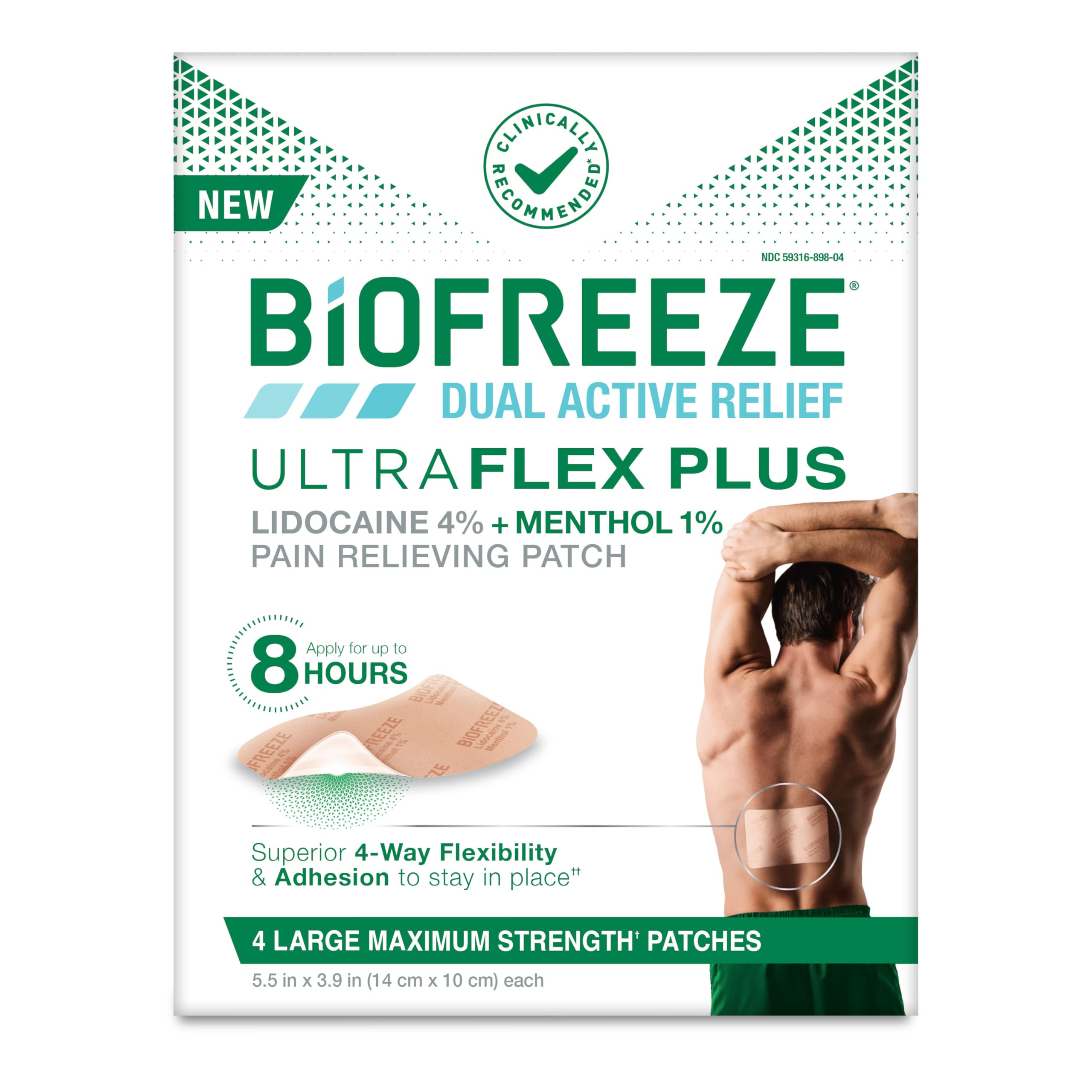 Biofreeze Ultraflex Plus patch on back area delivering flexible, targeted relief.