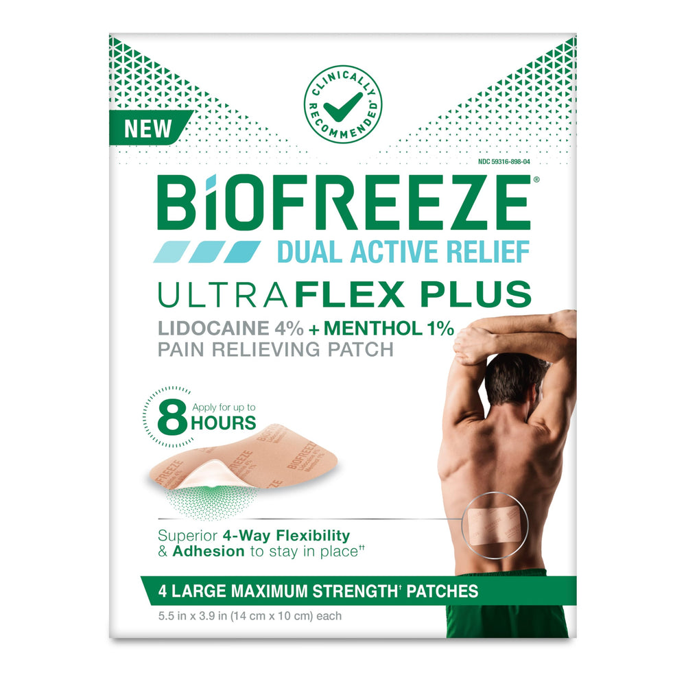 Biofreeze Ultraflex Plus patch on back area delivering flexible, targeted relief.