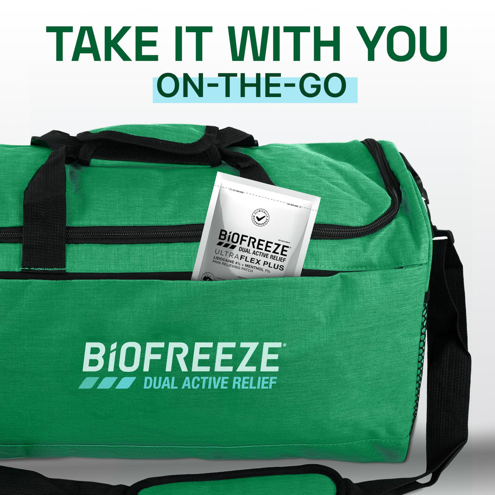 Biofreeze Ultraflex Plus patch with menthol and lidocaine combination for relief.