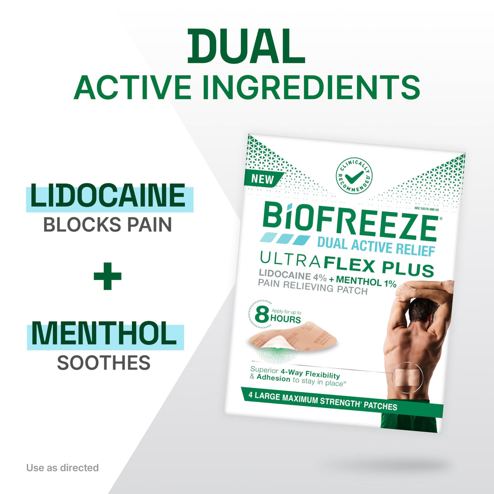 Biofreeze Ultraflex Plus patch on neck for flexible cooling relief.