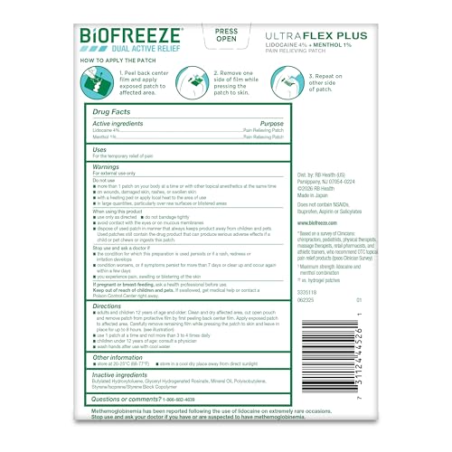 Biofreeze Ultraflex Plus patch ready for travel in its individual wrap.