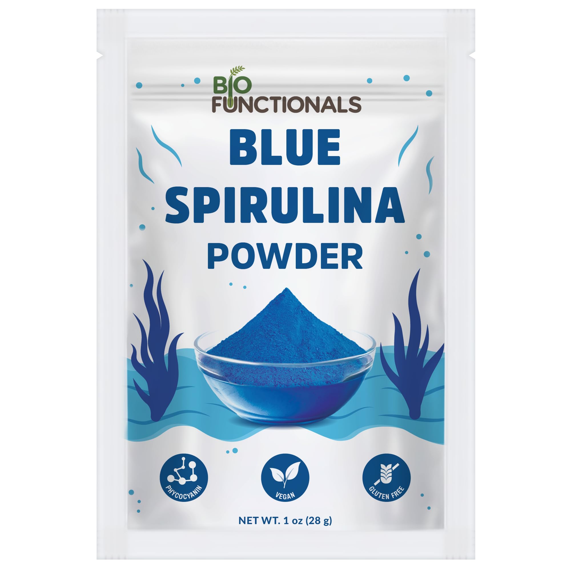 Biofunctionals blue spirulina powder bottle boosts color for smoothies