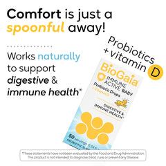 BioGaia Immune Active baby drops label shows ingredients and dosing guidance.