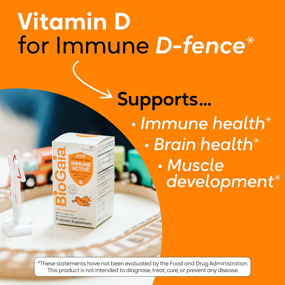 Front view of BioGaia Immune Active Kids packaging with Vitamin D