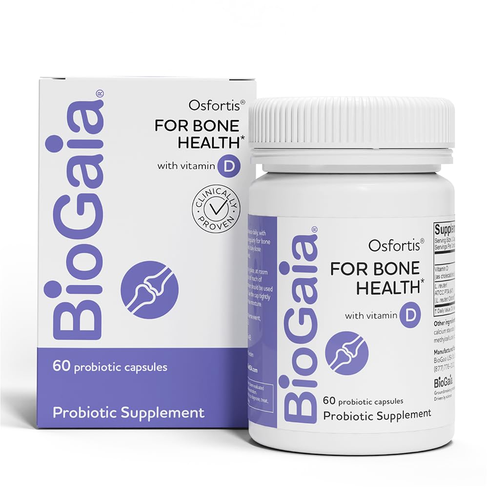 BioGaia Osfortis bottle with capsules for daily bone and GI wellness.