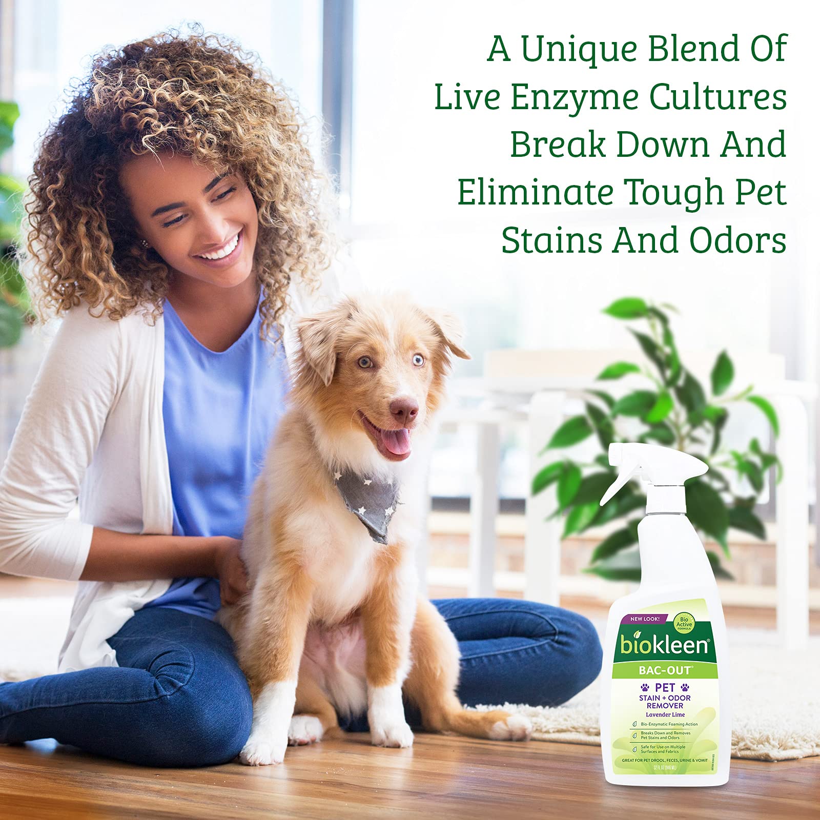 Biokleen Bac-Out on sofa fabric for odor removal.