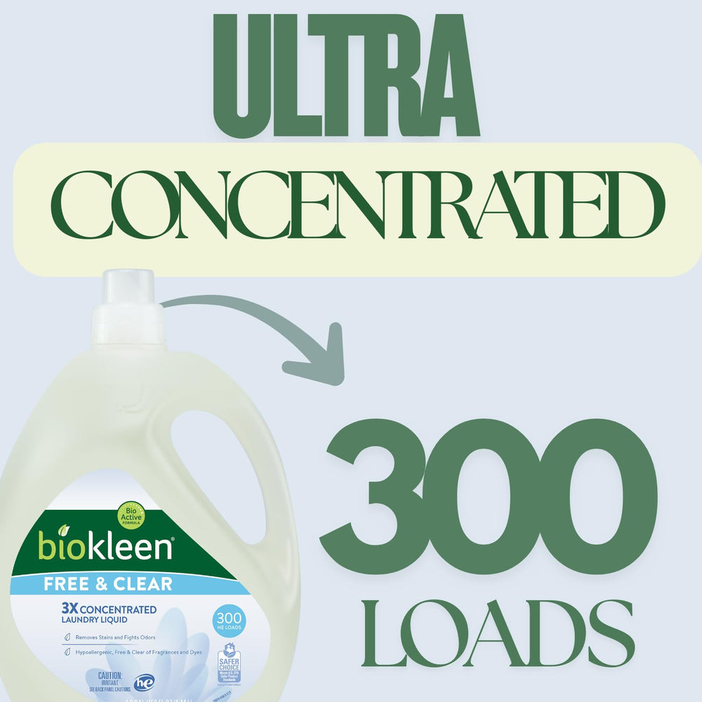 Biokleen Free & Clear 3X concentrated packaging emphasizes reduced waste and energy