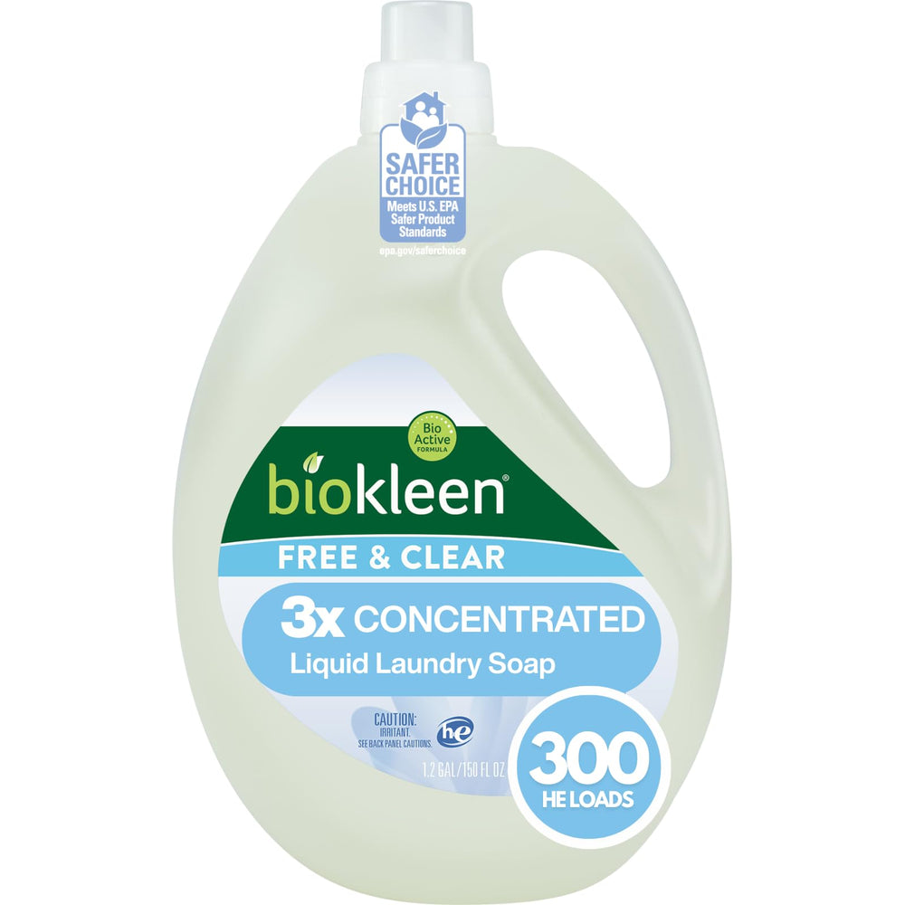 Biokleen Free & Clear bottle front view highlighting plant-based, hypoallergenic detergent for sensitive skin