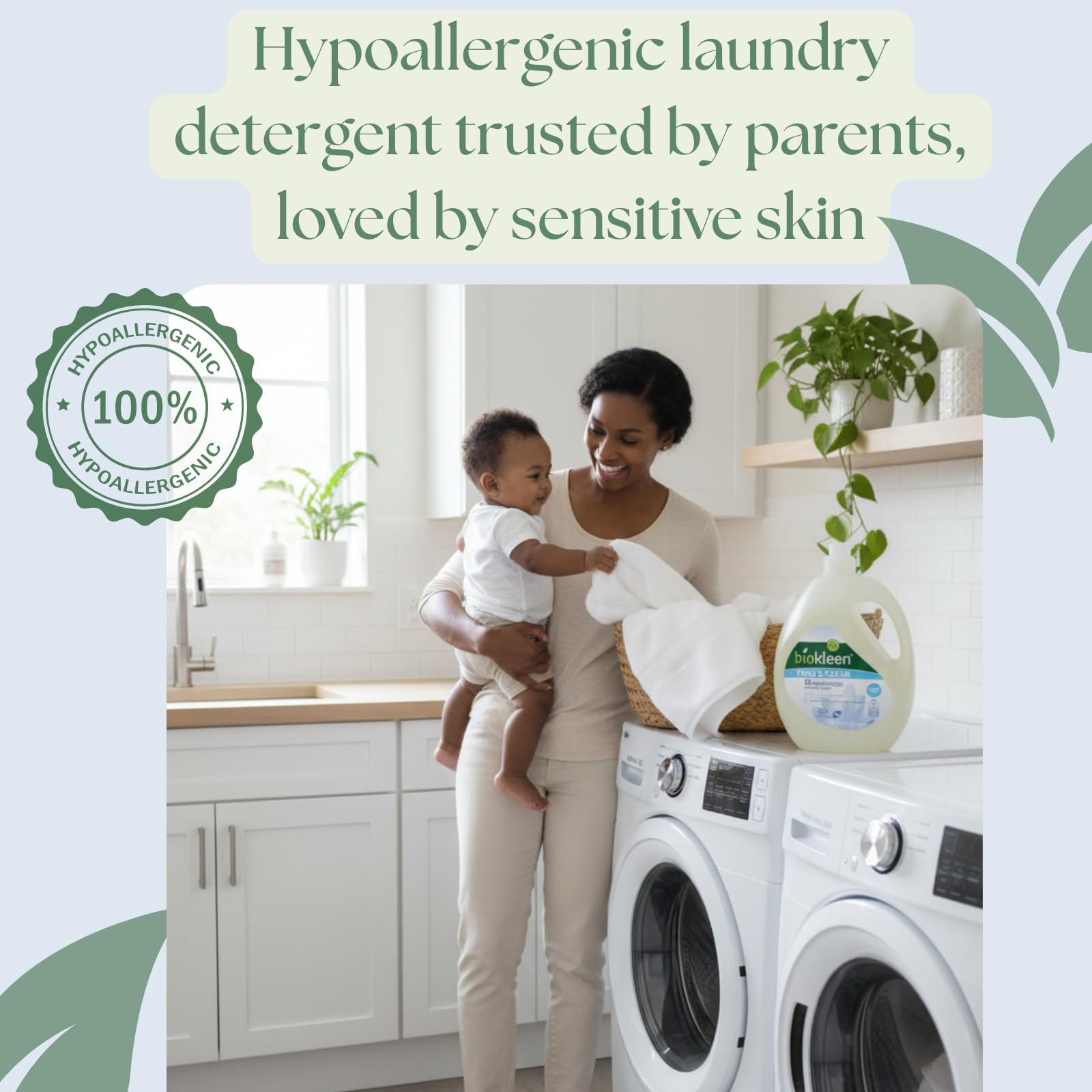 Biokleen Free & Clear unscented bottle pour demonstrating safe usage in everyday laundry