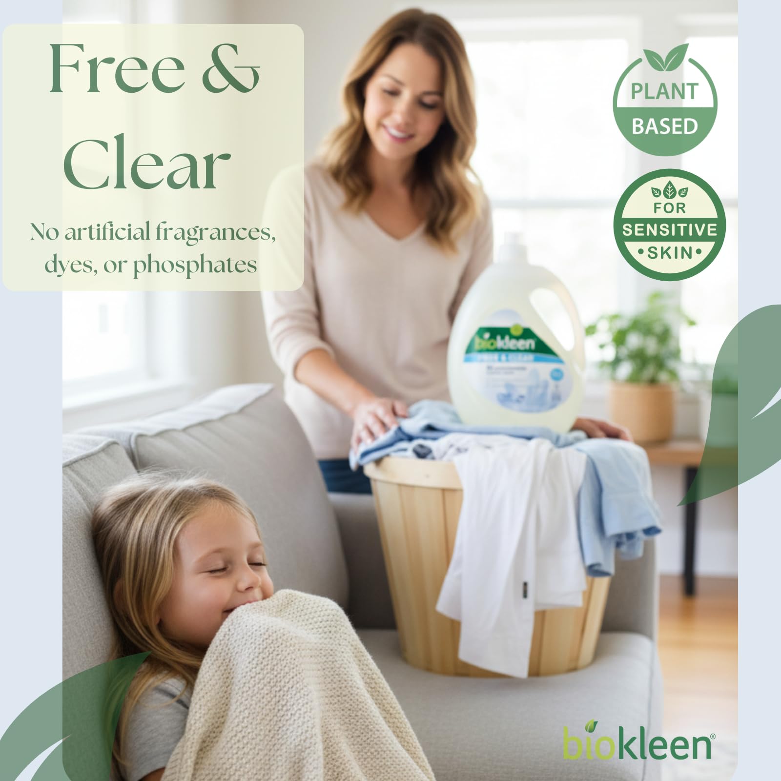 Biokleen Free & Clear washer load image illustrating compatibility with standard and HE machines