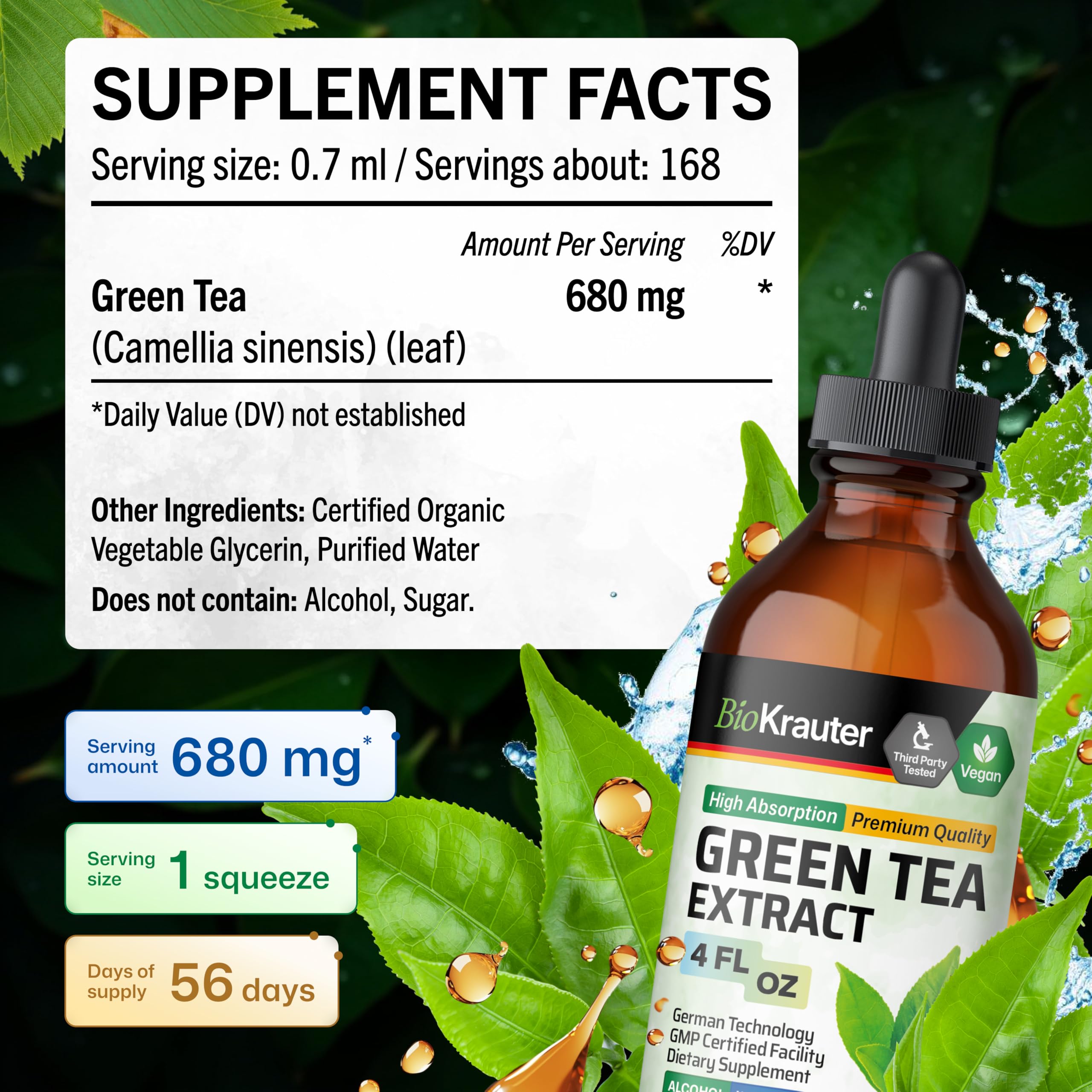 BIO KRAUTER Green Tea Extract liquid poured into water for easy ingestion