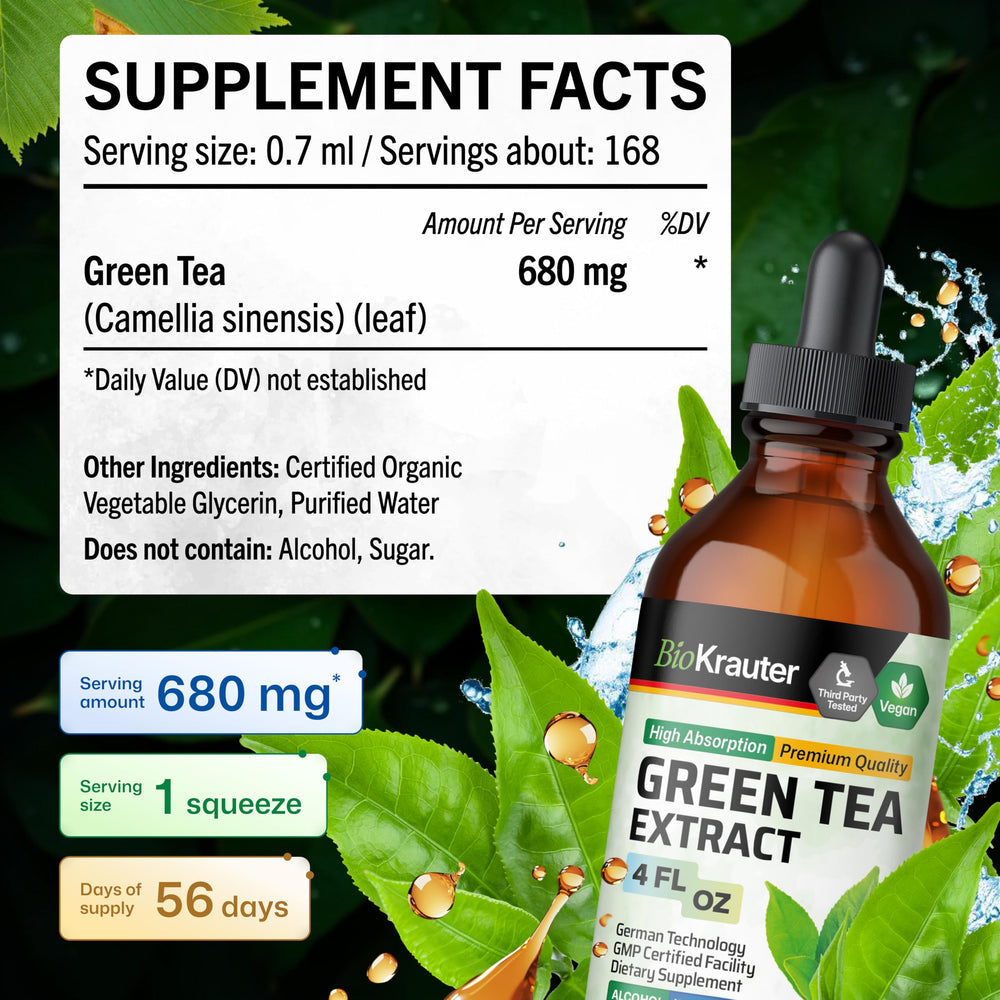 BIO KRAUTER Green Tea Extract liquid poured into water for easy ingestion