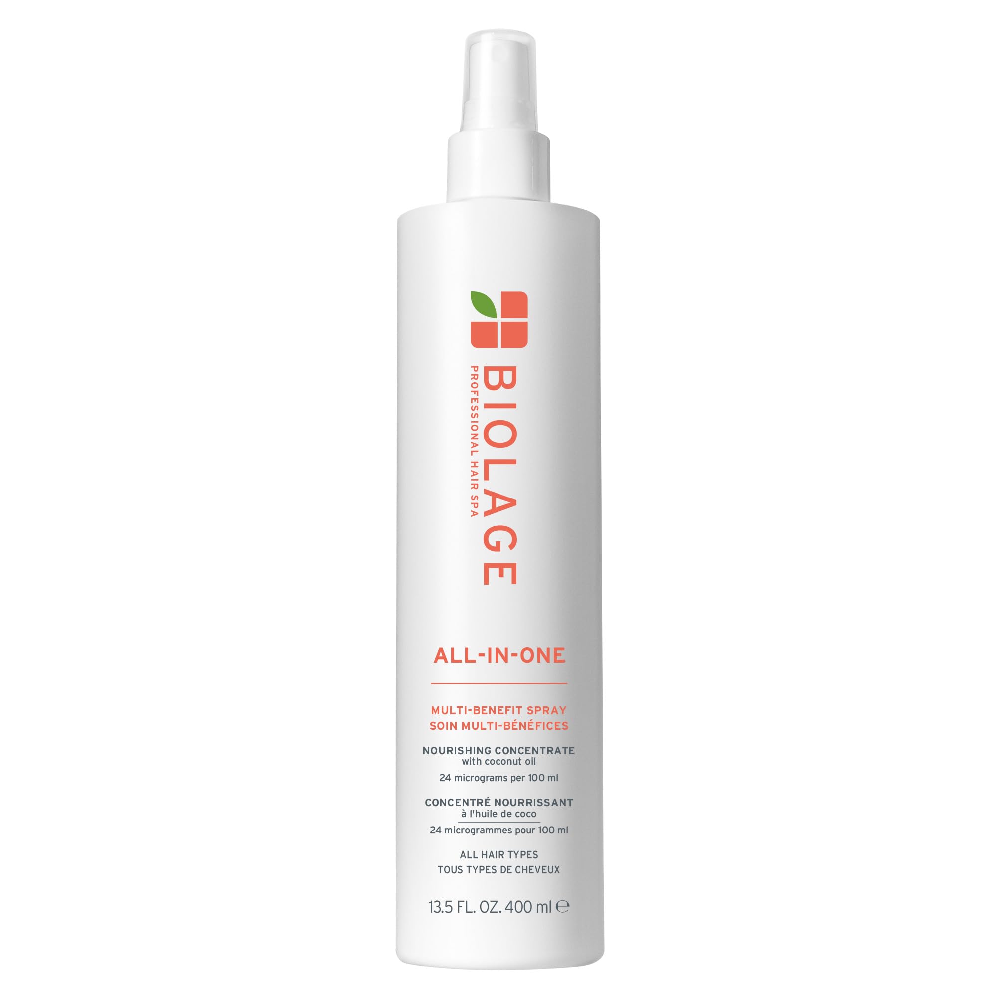 Biolage All-In-One spray bottle for lightweight conditioning and easy styling.
