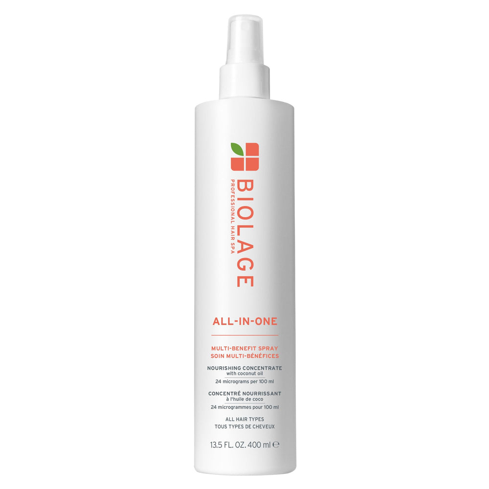 Biolage All-In-One spray bottle for lightweight conditioning and easy styling.