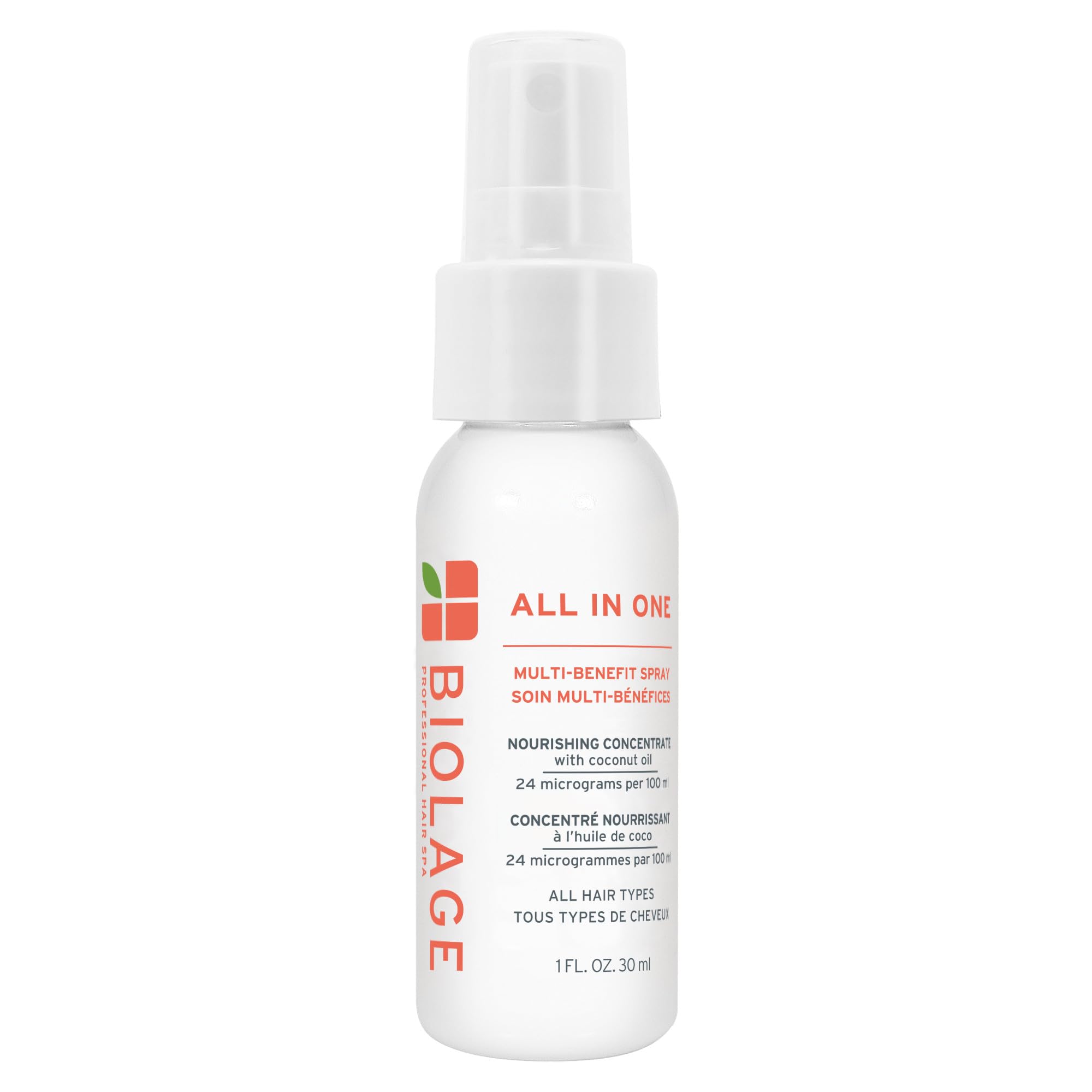 Biolage All-In-One Spray bottle application for easy styling and conditioning.