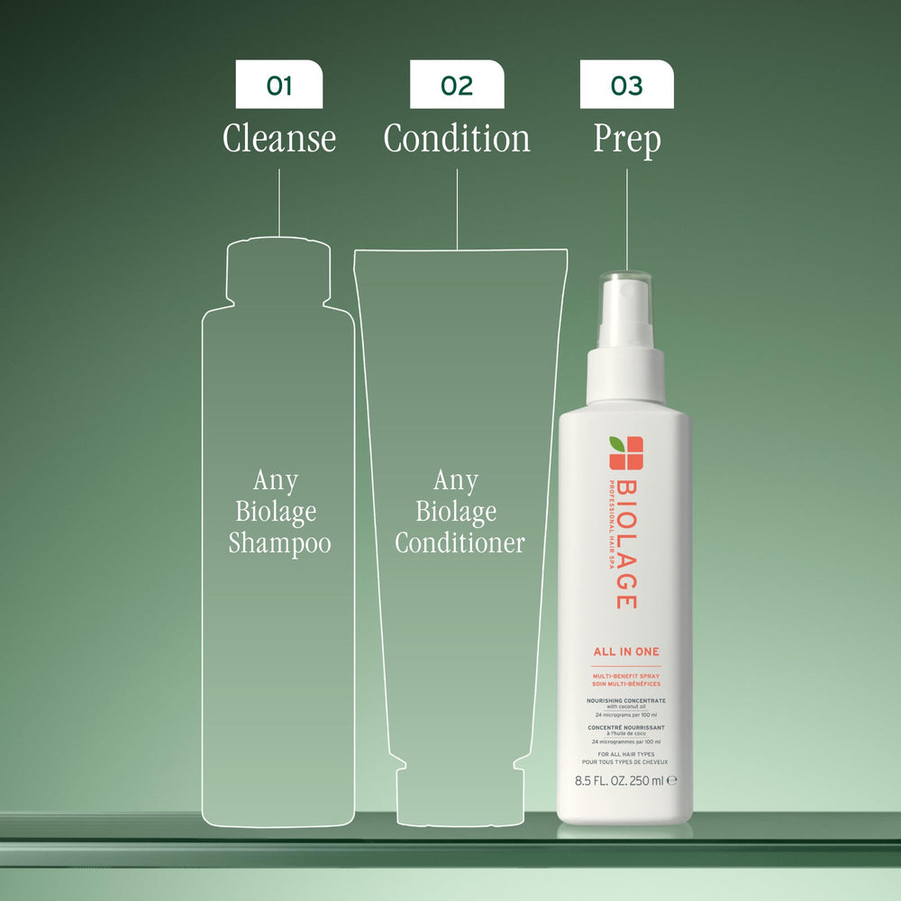 biolage all-in-one spray demonstrates heat protection during styling.